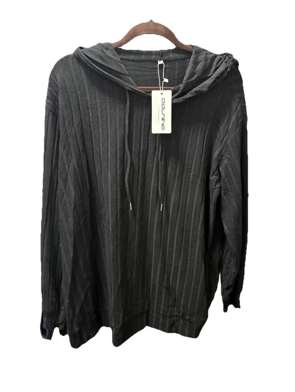 DOLUNNE Black Ribbed Hoodie Sweatshirt Size XL